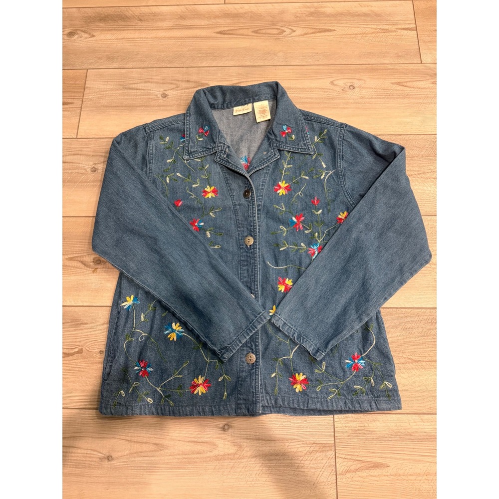 Bobbie Brooks Womens Floral Embroidered Denim Shirt Jacket Blue Medium 883S113